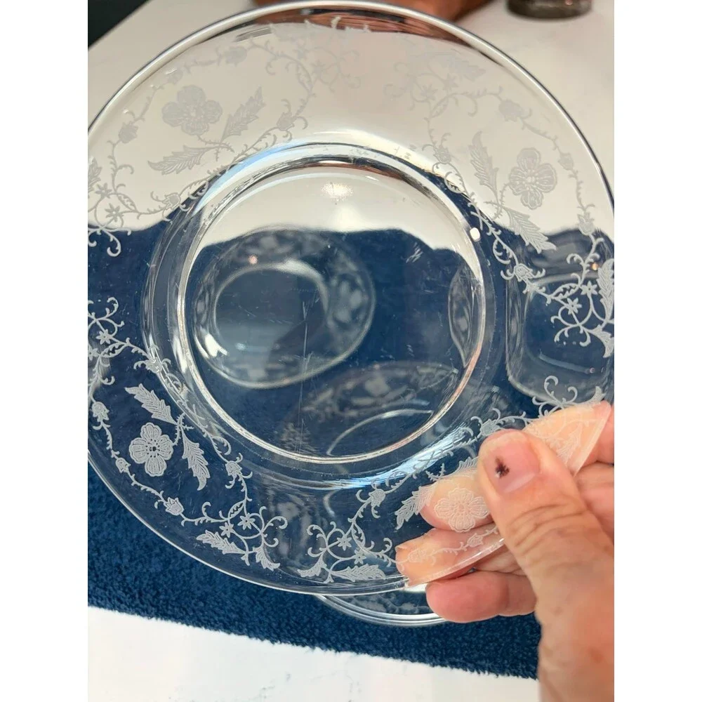 Set of 5 Vintage Clear Glass Etched Floral Salad / Dessert Plates (7-Inch)